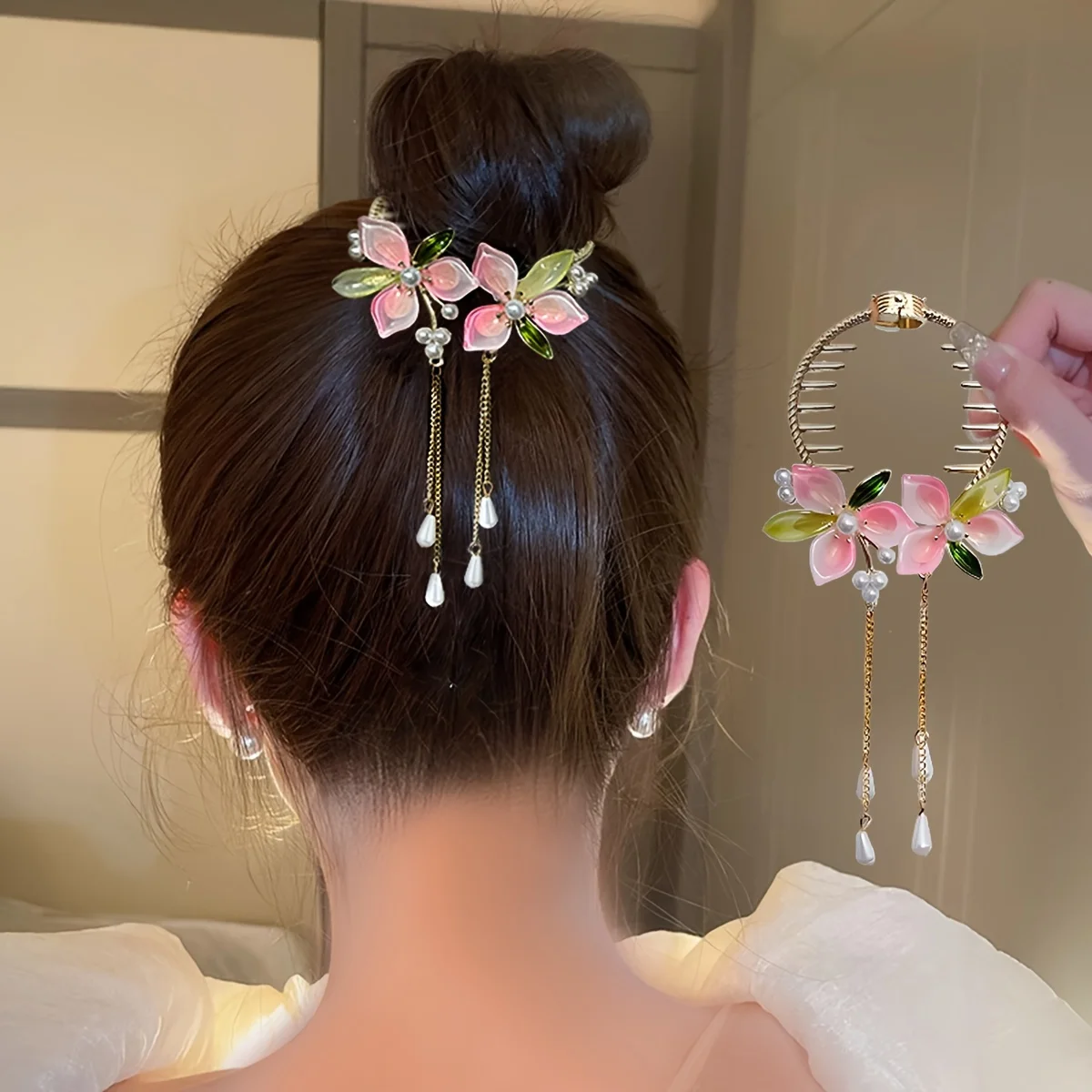 

1pc Flower Pearl Tassel Hair Bun Ring for Women, Fairy Forest Style Hairpin - Daily Party Hair Accessory Gift