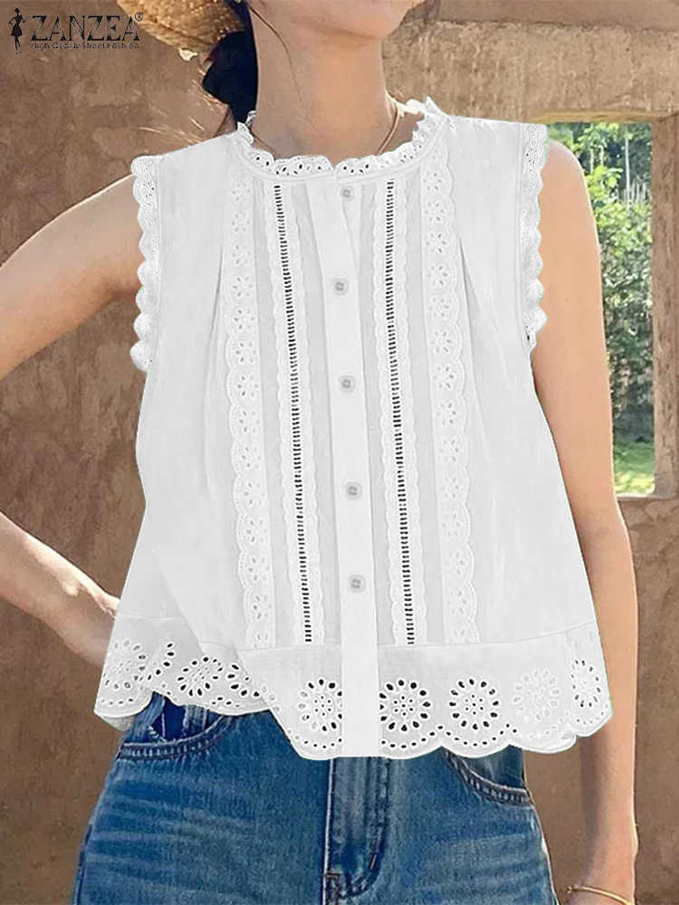 Mode Vakantie Tanks Tops 2025 ZANZEA Zomer Camis Vrouwen Mouwloze Kant Gehaakte Blouse Casual Solid Losse Strand Shirt Oversize