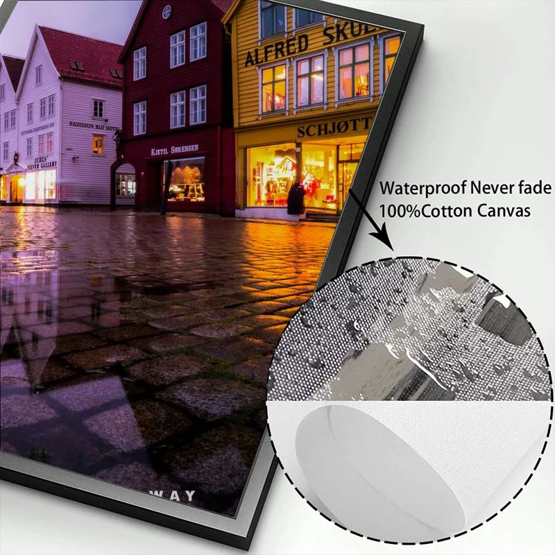 ภาพทิวทัศน์เมืองธรรมชาติอันงดงามจิตรกรรมฝาผนังนอร์เวย์แผ่นเกล็ดเกล็ดหิมะของเมืองเบอร์เก้นภาพพิมพ์ผ้าใบสำหรับตกแต่งบ้าน