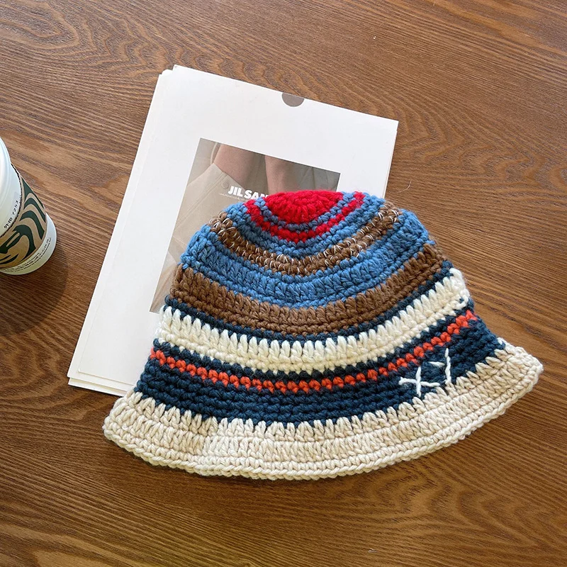 Winter Korean Handmade Crochet Striped Bucket Hat Women Retro Contrast Color Warm Fisherman Hat Girl Fashion Knitted Beanies Hat