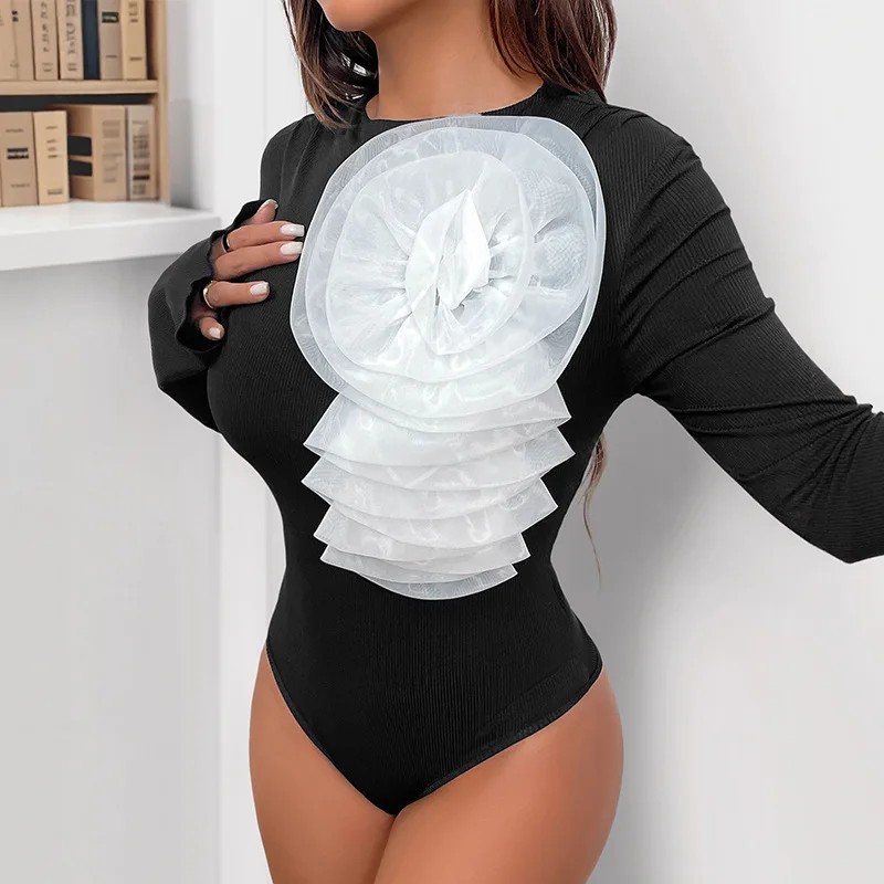 Sexy Skinny Bodysuits Autumn Sweet Wind Design Sense Three-dimensional Flower Decoration Black Long-sleeved Onesie Tops