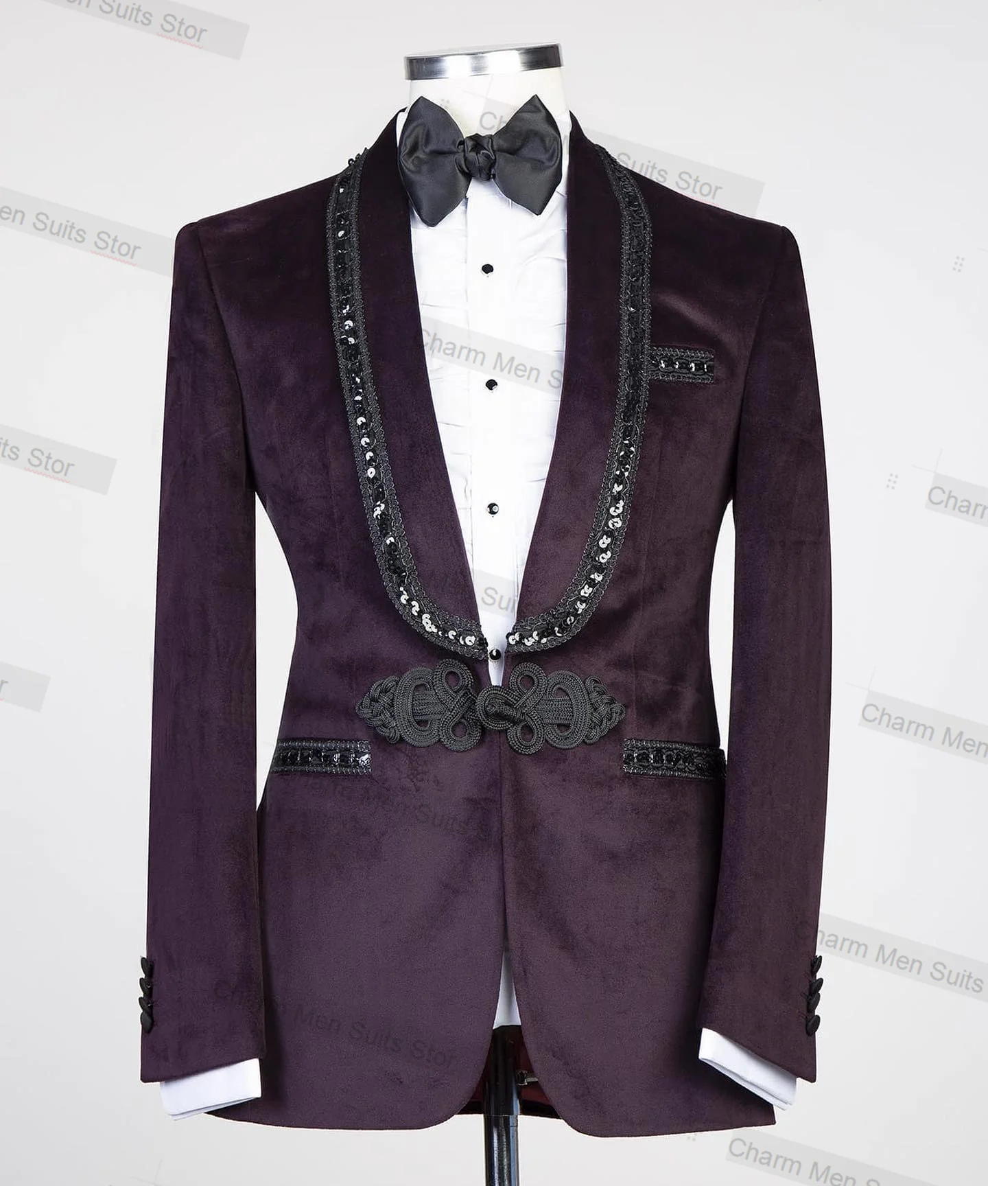 

Burgundy Velvet Men Suits Set 2 Piece Blazer+Pants Custom Made Male Jacket Formal Office Business Groom Wedding Tuxedo Coat