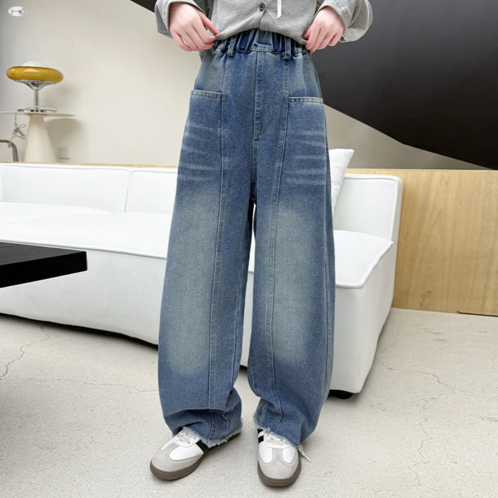 جديد الخريف الفتيات الجينز الأطفال محايد الكورية تنوعا فضفاض مستقيم الجانب الحرفية الخياطة الجينز بنطال أولادي