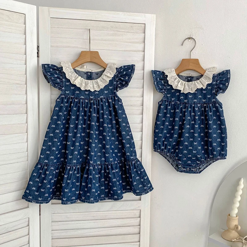 2026 New Summer Sister Clothing Kids Princess Dresses Infant Romper Flying Sleeve Denim Lace Splicing Baby Girl Party Dress