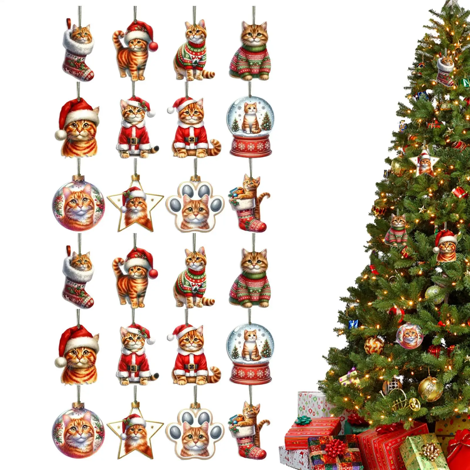 24 peças gato ornamento de natal enfeites de árvore de natal de madeira pingente de férias para casa apartamento sala de estar cozinha