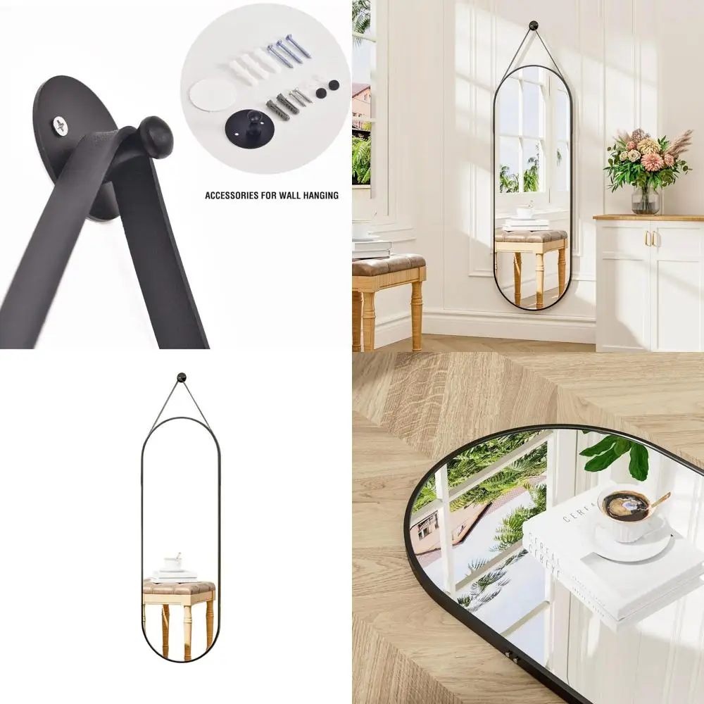 

Овальное настенное зеркало с кожаным ремешком для просмотра в полный рост, подходит для домашнего декора в ванной комнате, гостиной и спальне