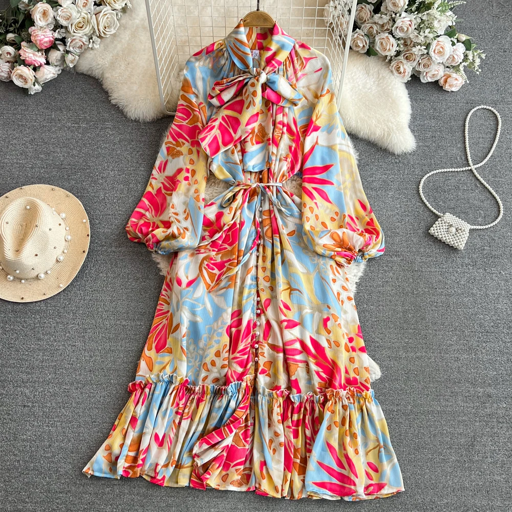 Elegant Chic Puff Long Sleeve Tie Dye Vintage Bow Collar Print A-line Dress Vintage Casual Loose For Women Autumn Maxi Dress