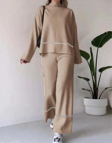 Elegant Two Piece Set for Women Winter Casual Daily Side Seam Line O-Neck Long Sleeve Hoodie Loose High Waist Wide Leg Pants Set