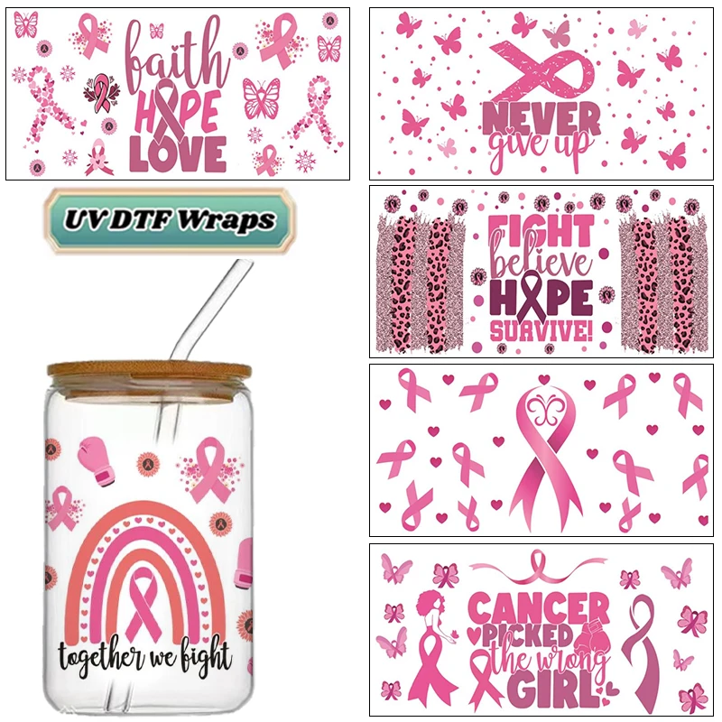 Breast Cancer Awareness Decal UV DTF Transfer Sticker Cup Tumbler Wrap for 16oz Libbey Glasses Wraps Bottles DIY Mug Stick