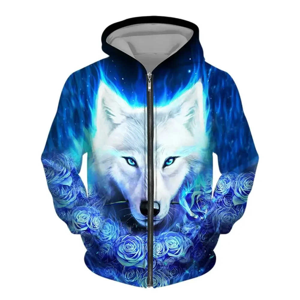 Spring and Autumn Wolf print 3D printed zipper hoodie men\'s and women\'s fashion casual sweater street Harajuku loose jacket