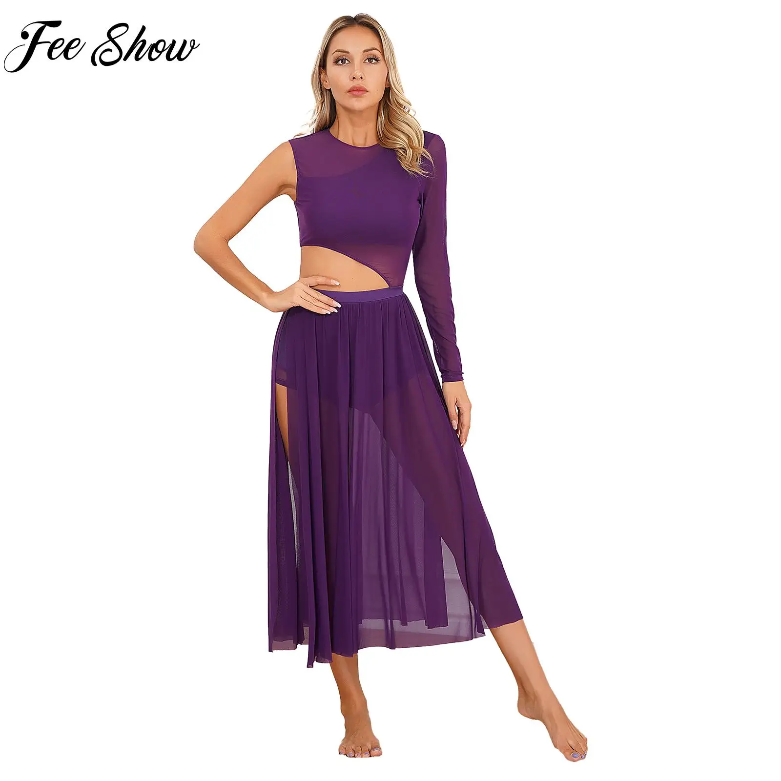 

Womens Lyrical Dance Dress Patchwork Cutout Side Split Sheer Mesh Dress for Contemporary Modern Dance Figure Skating Performance