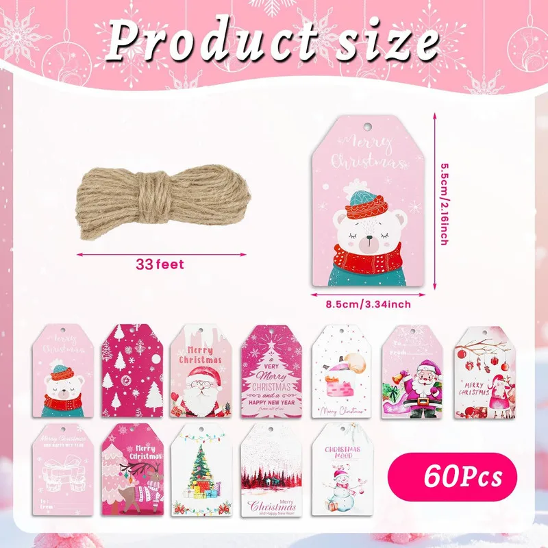 60PCS Cartoon Christmas Bear Santa Claus Reindeer Tag Label Holiday Gift Packaging Hanging Tag