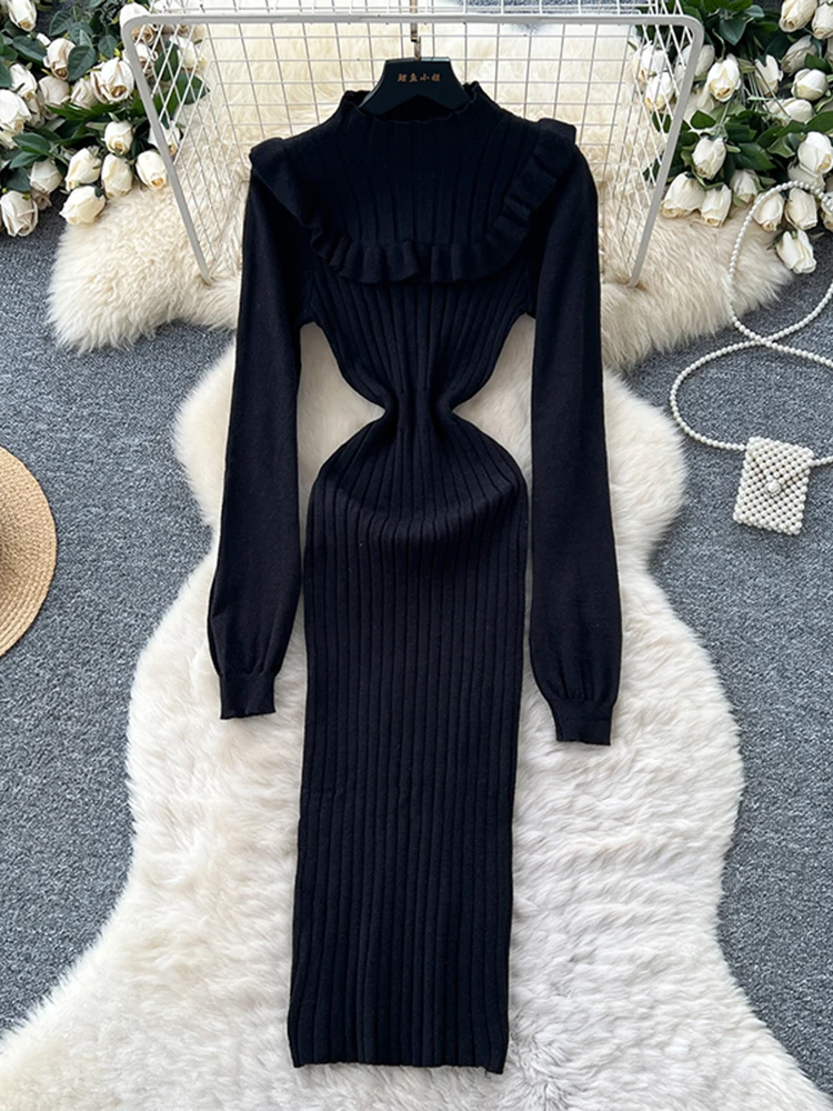 Vestido de malha com borda de fungo francês para mulheres no outono inverno moda sexy cintura cinching camada inferior vestido de lã s186