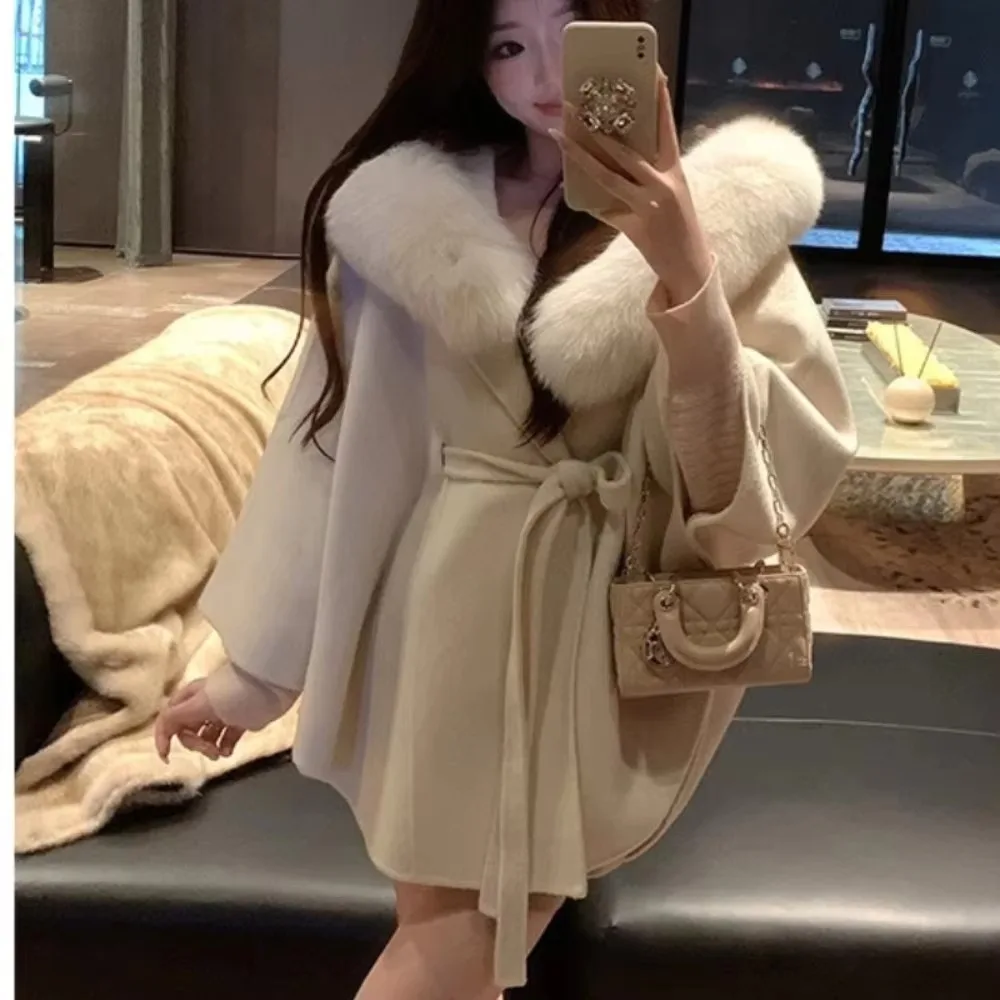 2024 Cape Autumn Winter New Hooded Fox Fur Mid-length Woolen Fur Coat Wool Jacket Female Double-sided Cashmere Coat Women