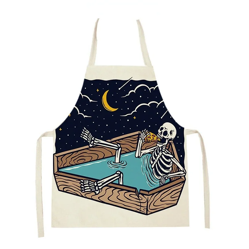 Halloween Skull Print Oil Resistant Kitchen Apron Wipe Makeup Print Nail Shop Baking Accessories BBQ Restaurant Bar Shop Cafe