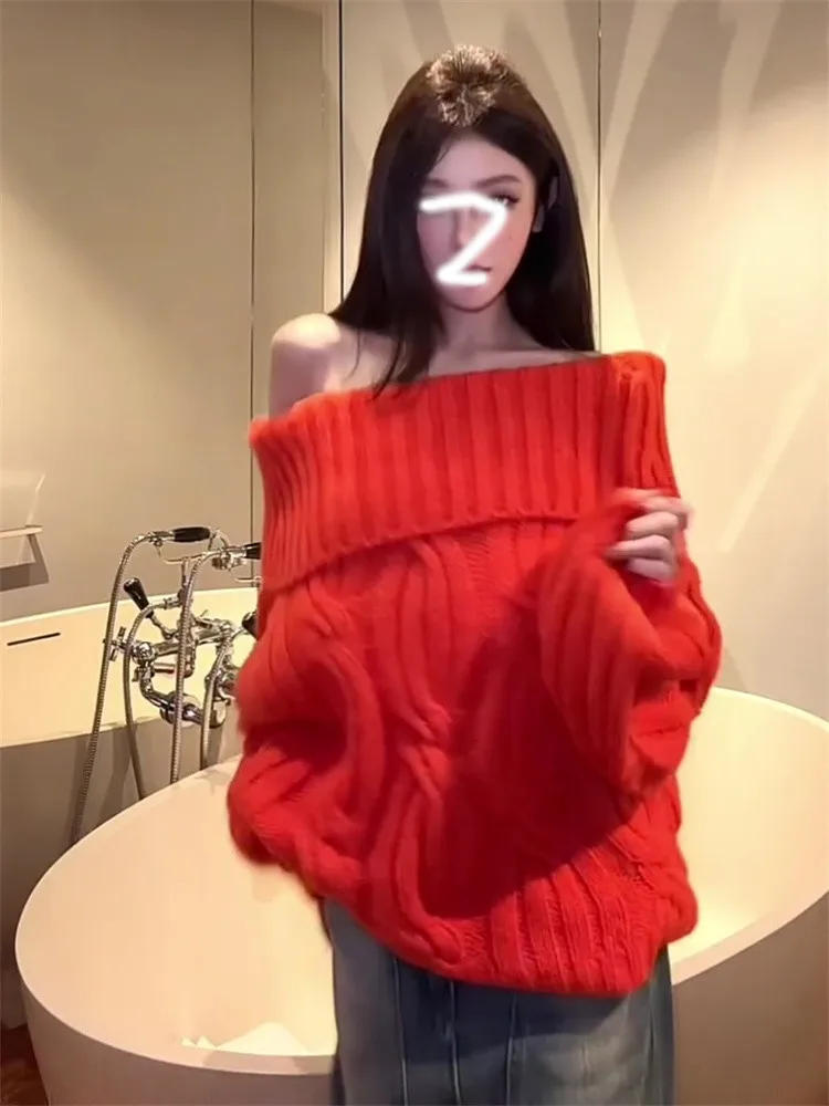 عيد الميلاد الأحمر كسول نمط المعتاد مائل الرقبة فضفاضة طويلة سترة البلوز خريف جديد كم طويل قبالة الكتف محبوك بلوزة كاجوال