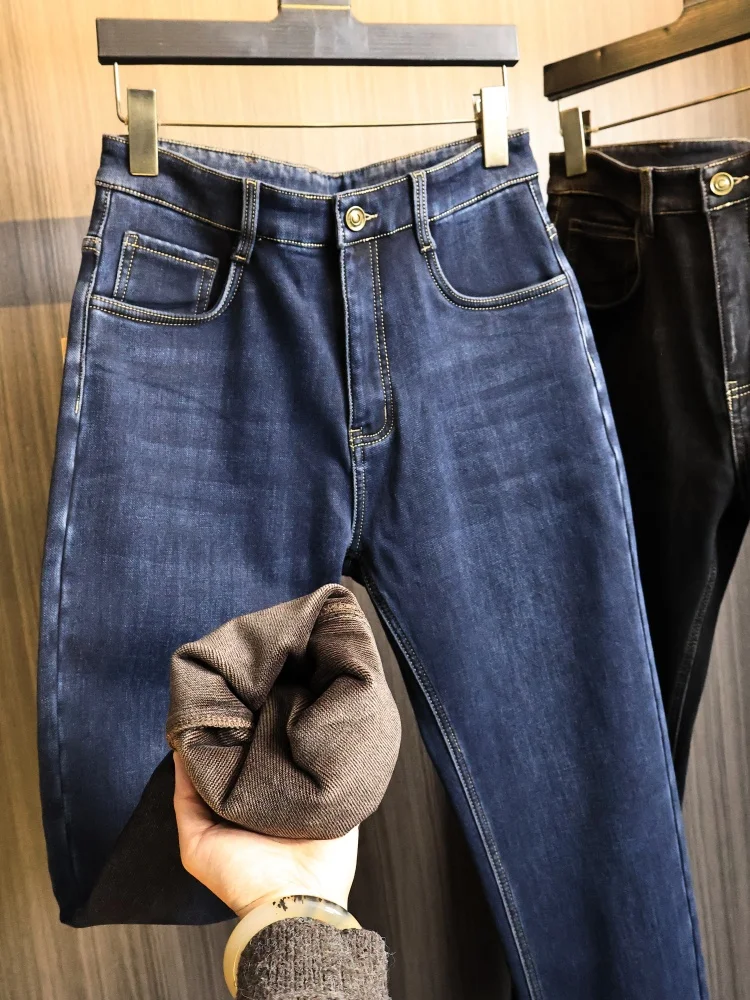 

Comfortable Men's Fce Lined Thiened Straight Leg Jeans Faionable Urban Sle Autumn Winter Waed out Casual Cotton Po...