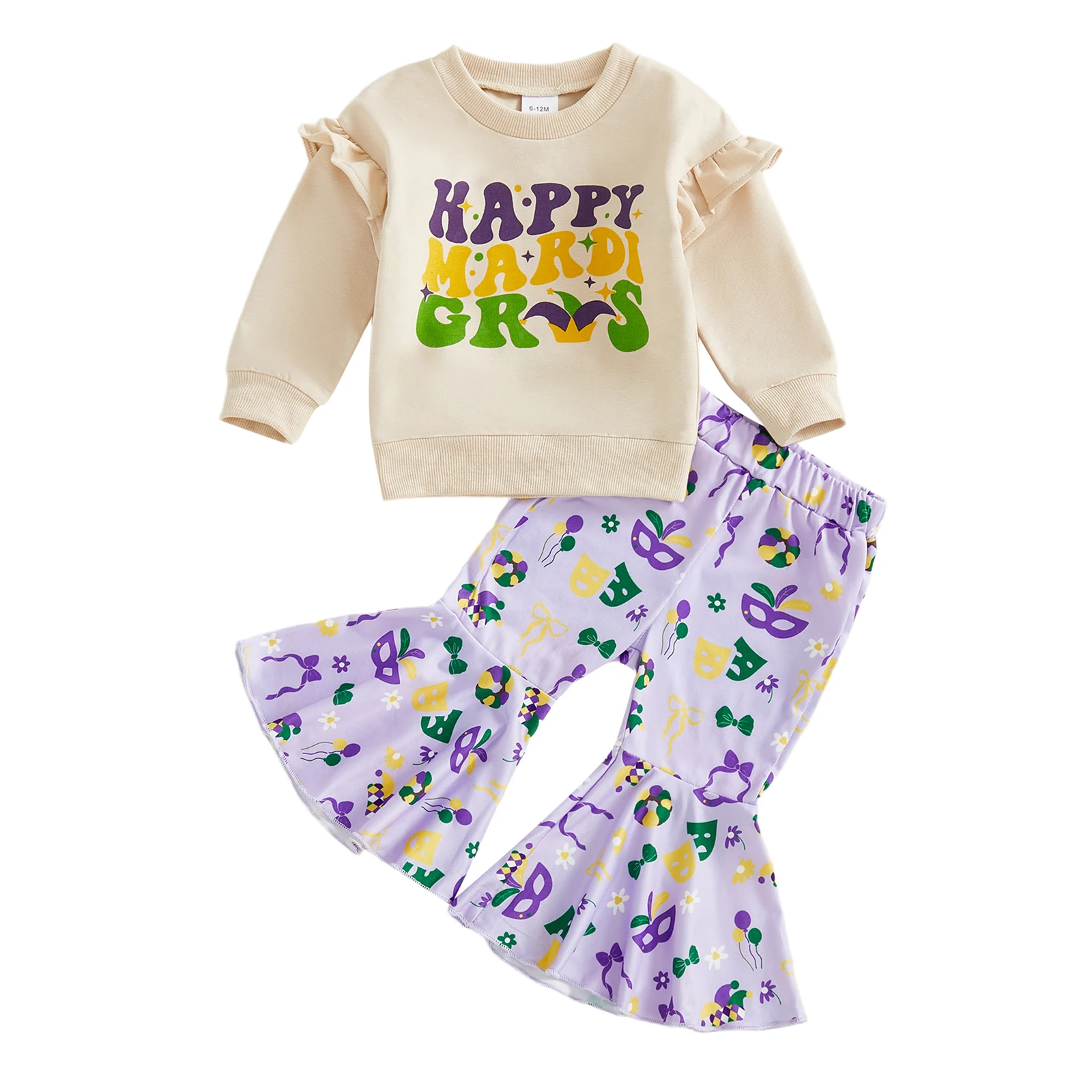 

Одежда MardiGras для маленьких девочек, пуловер с длинными рукавами и круглым вырезом с буквенным принтом, одежда для лица, расклешенные брюки с узором, комплект из 2 предметов