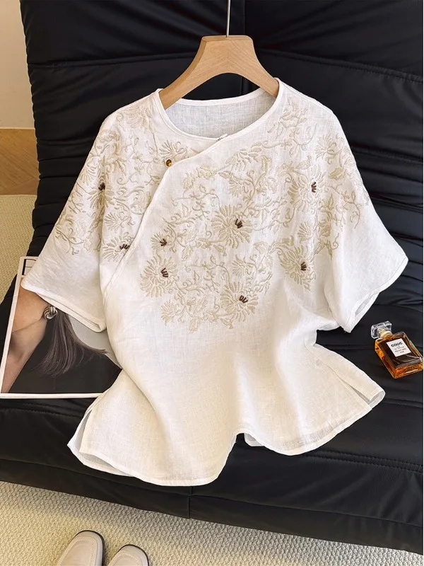 Nieuwe Chinese Sle Zware Borduren Vlas irt Grote Maat vrouwen Schuine Revers ronde Ne ort Sve Losse Veelzijdige Top Su...