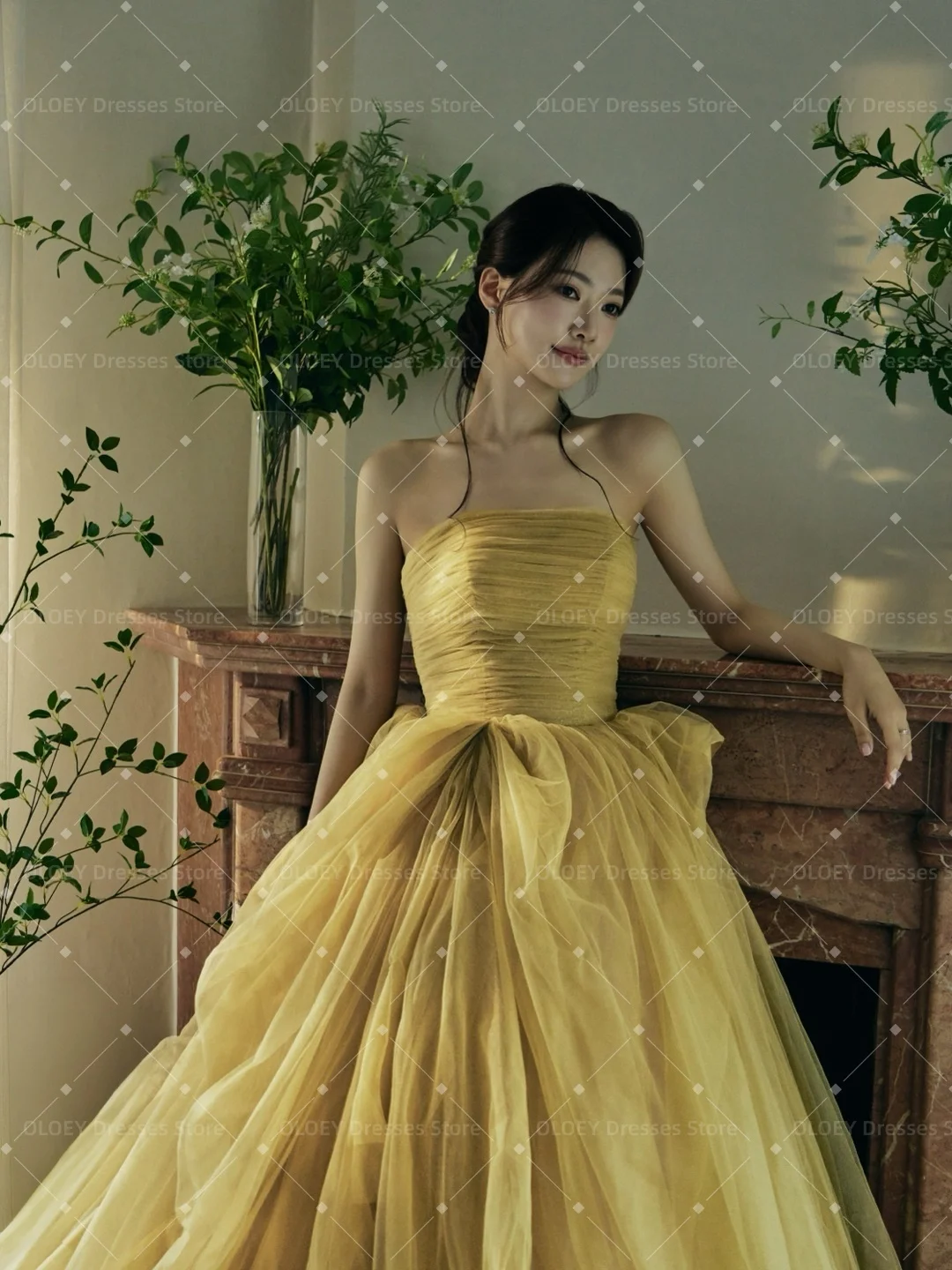 OLOEY Fairy Yellow 2026 Wedding Dresses Korea Photo shoot A Line Soft Tulle Bridal Gown Back Corset customized