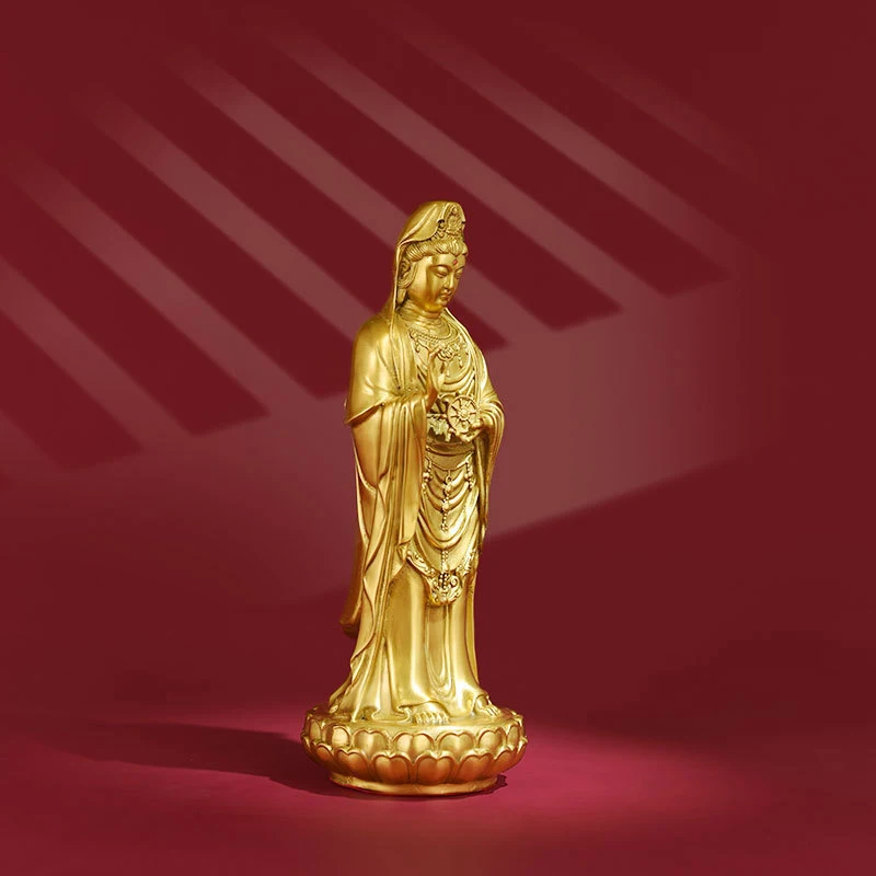 All-Copper Putuo Mountain South Sea Buddha , Large Hand-Held Dharma Wheel Guanyin Bodhisattva Standing Statue For