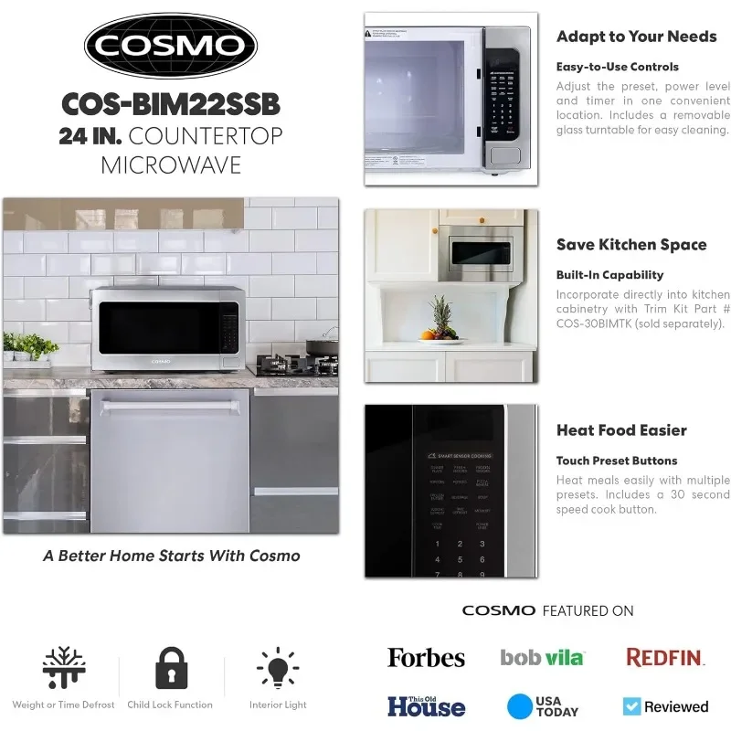 Forno micro-ondas de bancada Cosmo COS-BIM22SSB com sensor inteligente, predefinições de toque, 1200 W e 2,2 cu. pés de capacidade, 24 polegadas