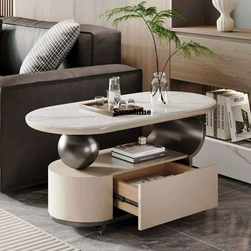 Oval Tea Table Trolley for Living Room-Light Luxury High Quality Rolling Sofa Side Table with Chinese Style