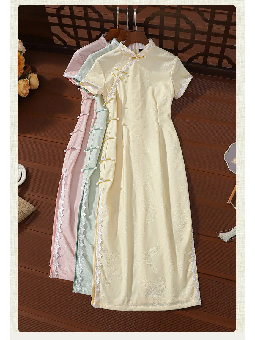 

Ele Young Sle Du Yellow Long Qipao Daily Wear Breathable ort Sve Floral Patterned New Chinese Sle