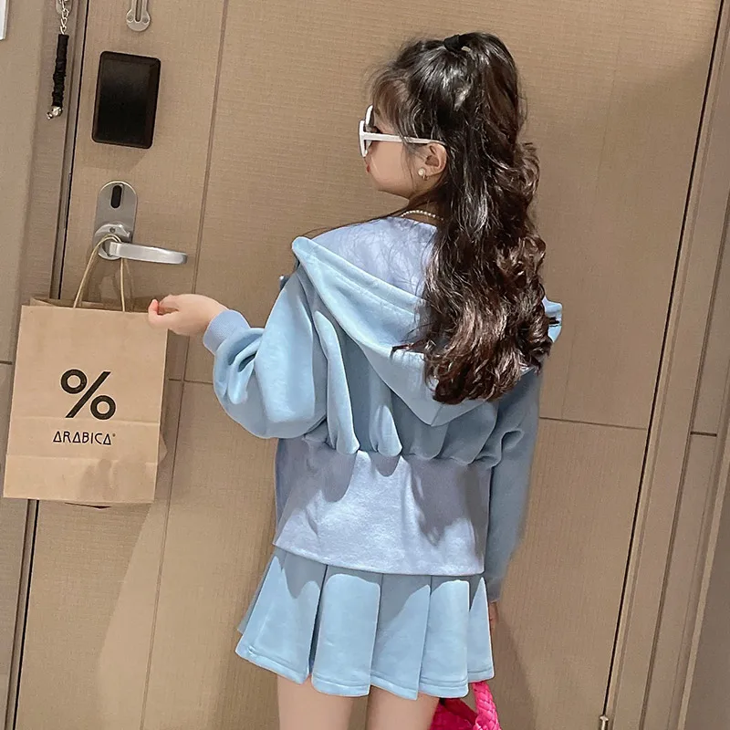 New Brands Pleated Skirts for Kids Luxury Design Long Sleeve Jackets Girls Dress Suits Spring Autumn Coats Cheap With Hoods