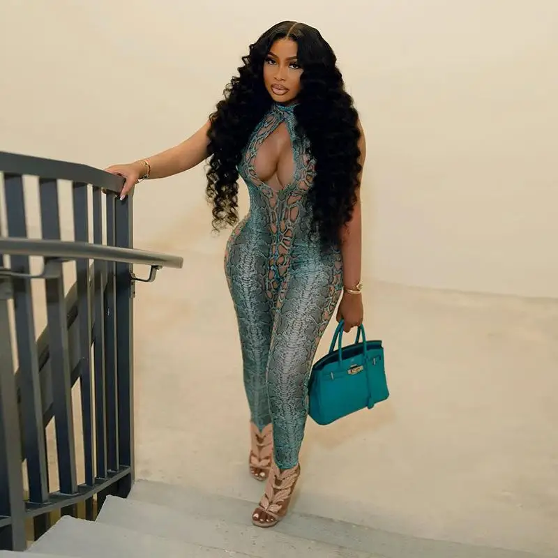 Mulheres pele de cobra impressão padrão selvagem macacão senhora sexy noite boate macacão oco peito magro festa banquete playsuit