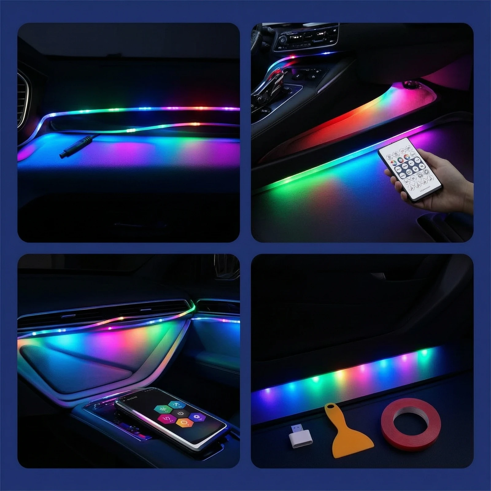 Car Ambient Lighting Kit Concealed Acrylic Neon Strip Lights Car Interior Lights Slim for Drivers, Dashboard, Center Console