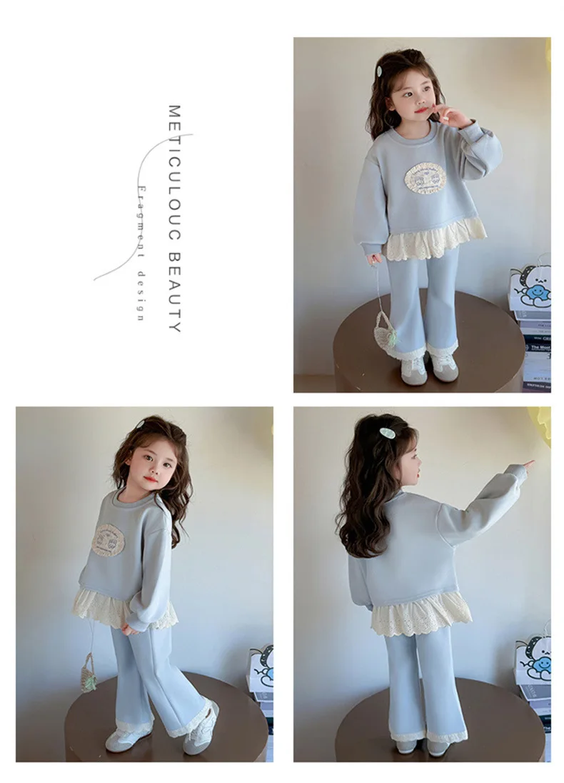 2026 Neues Herbst-Set für Mädchen, 2-teilig, Kinder-Sweatshirt mit süßem Muster, Spitze und Rüschensaum, Hosenanzug, lässiges Prinzessinnen-Outfit für Kinder, 0-10 Jahre – Detail 11