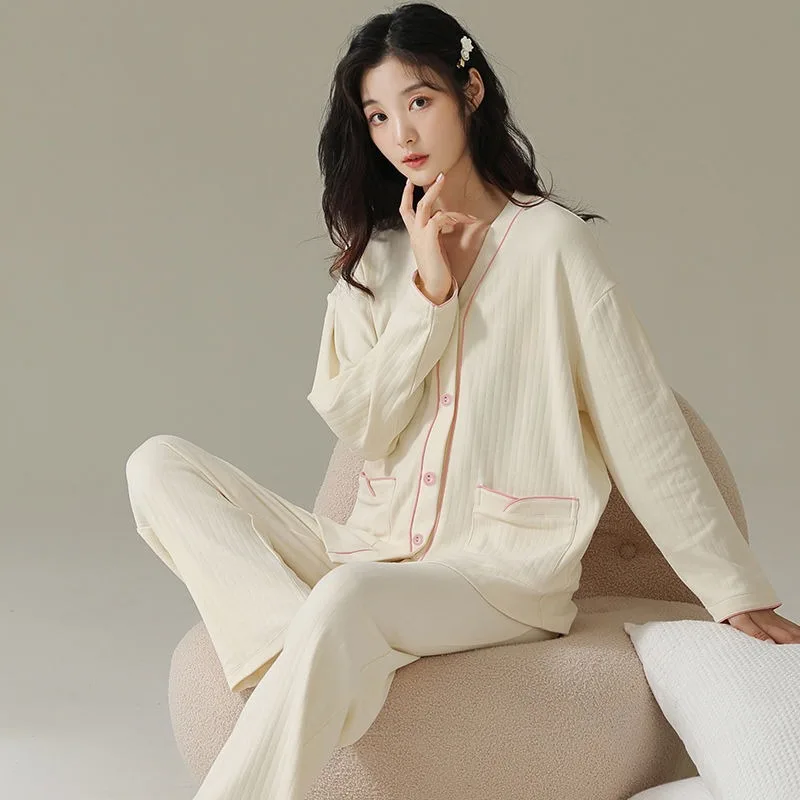 2024 New Pajamas Women Spring Autumn Pure Cotton Long-Sleeved Simple V-neck Sleepwear Set Female Casual Cardigan Homewear Suit