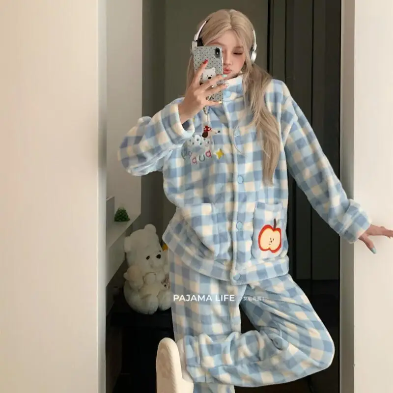 

Coral Fleece Pajamas Women Winter Thick Flannel Warm High Neck Homewear Set Cartoon Kawaii Fashion Trendy New Hot