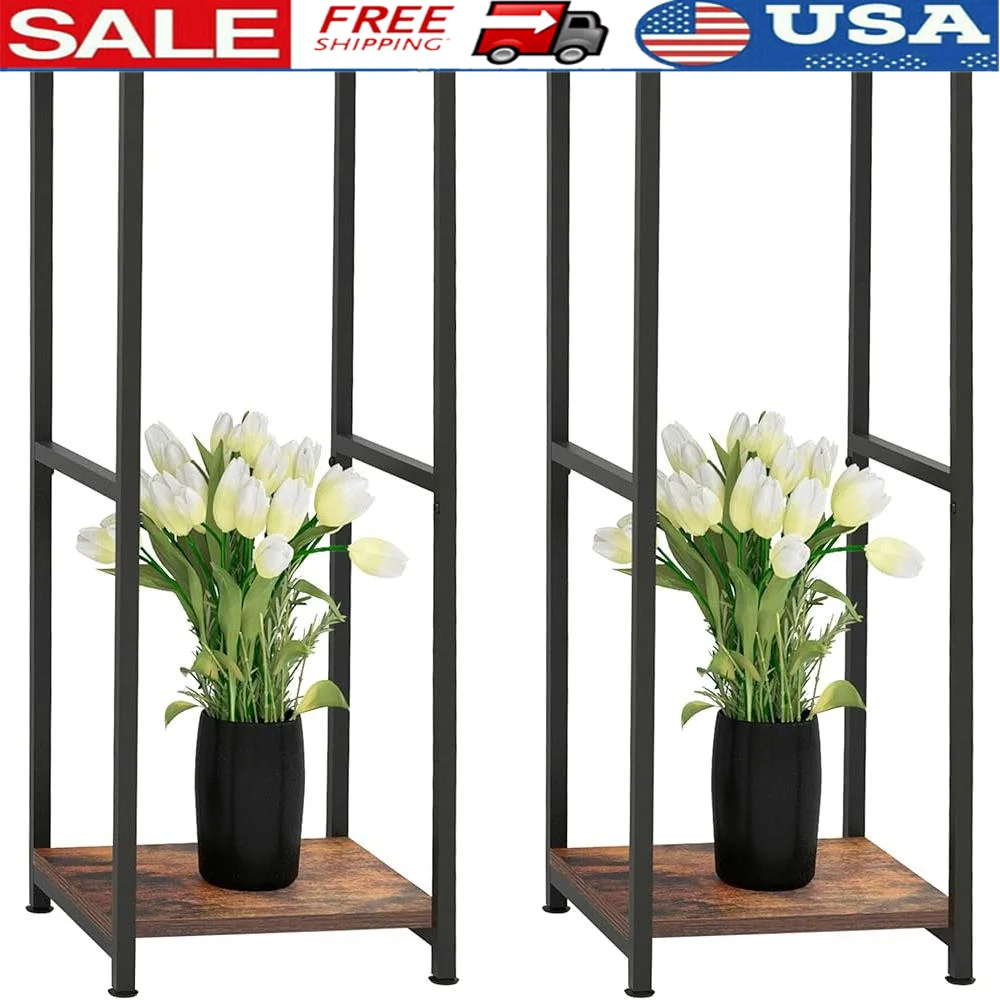 Indoor Metal Plant Stand Tall 2 Tier Shelf Wooden Board Display Rack Multi Functional Pot Holder Home Office Garden