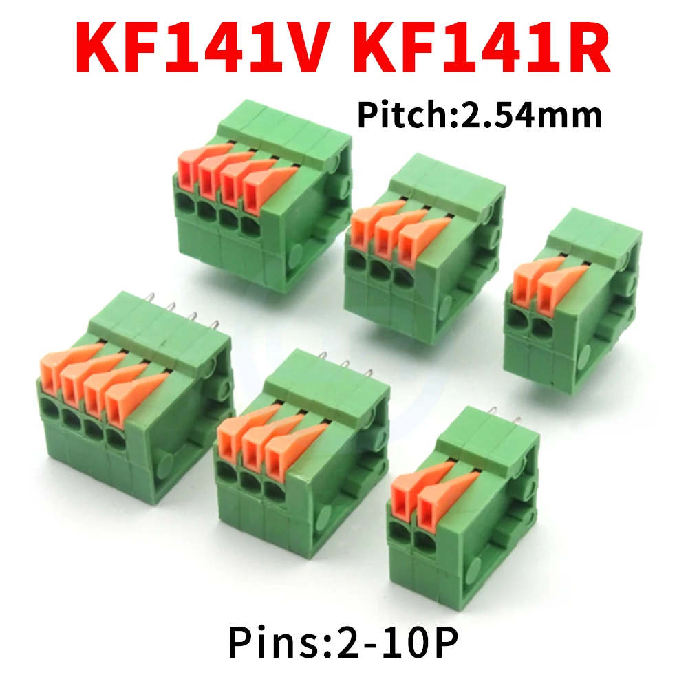 (10Pcs) 2.54mm Pitch KF141V KF141R Spring Screwless Terminal Block Straight Bent Foot 2P-10P PCB Connector 2.54 EX 141V 141R