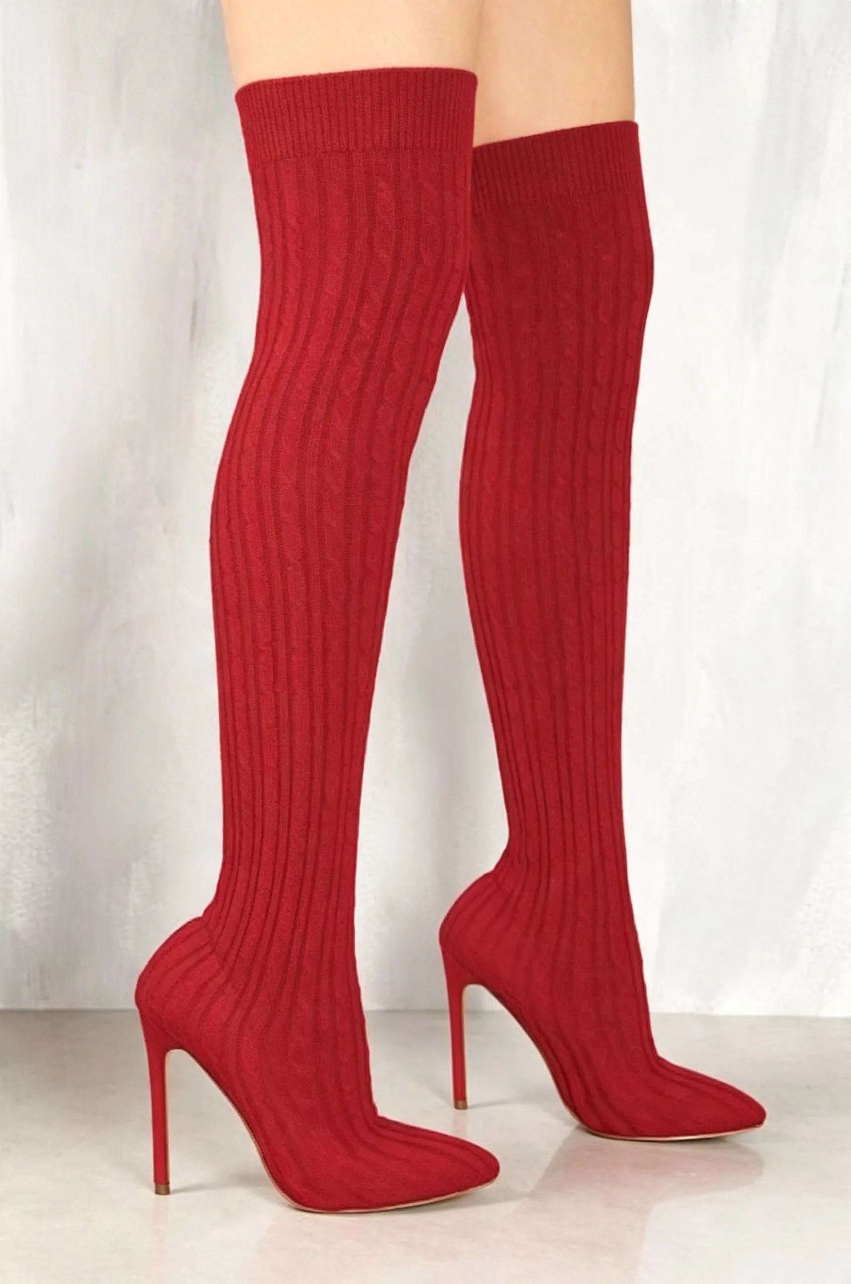 Olive Cable Knit Thigh High Sock Boots Women Double White Stripe Cuff Pointed Toe Stiletto Heel Boots