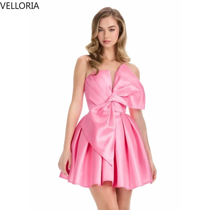Elegant Pink Bow Party Dress 2025 Strapless Satin Cocktail Short Dress Women Evening Gown Vestdos De Fiesta Customized