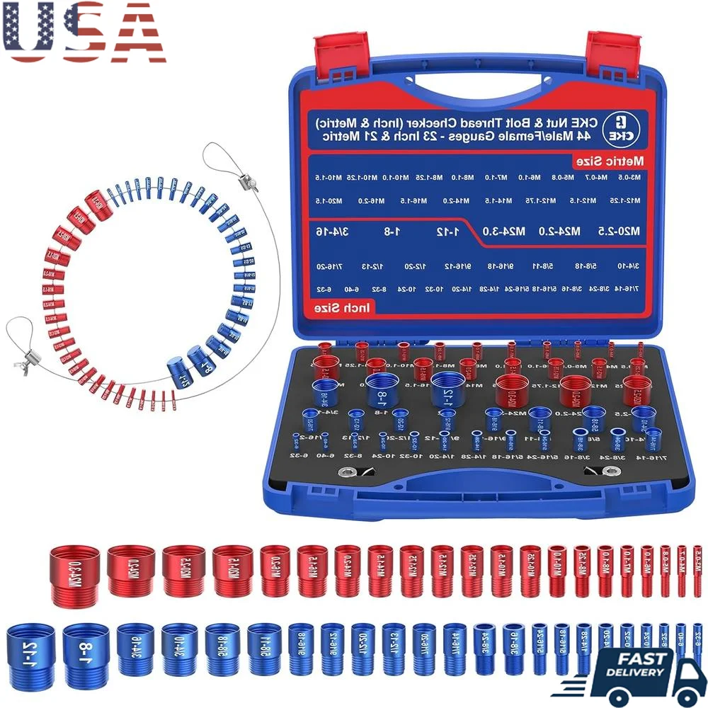

Nut and Bolt Thread Checker Inch Metric Set 44 Male Female Gauges with Detachable Wire Loop Storage Box Easy Measurement