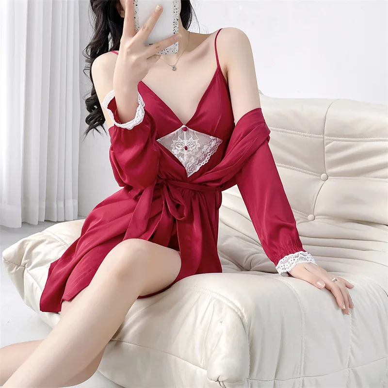 Women Robe Strap Top Shorts 3PCS Pajamas Set Lingerie Summer Lace Sleepwear Pyjamas Suit Female Silky Satin Home Clothes