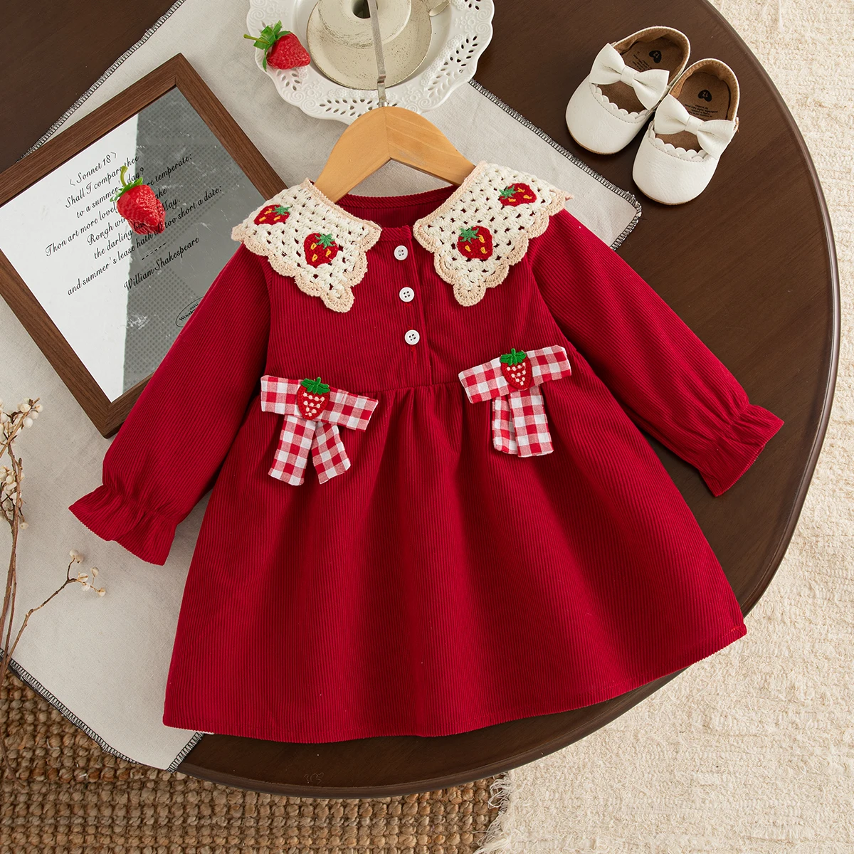 Sweet Strawberry Baby Girl Long Sleeve Dress Autumn/Winter Red Countryside Style Girl Daily Outing Dress Baby Christmas Dressing