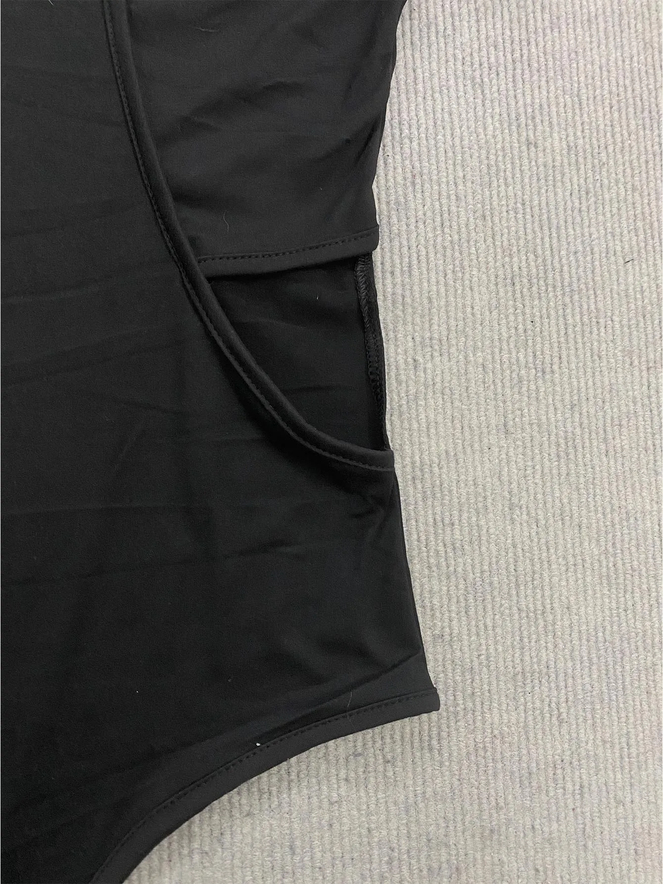 Women's Casual Daily Streetwear Black Embellished Asymmetrical Neck Cut Out Waist Short Sleeve Fitted Bodysuit 2026