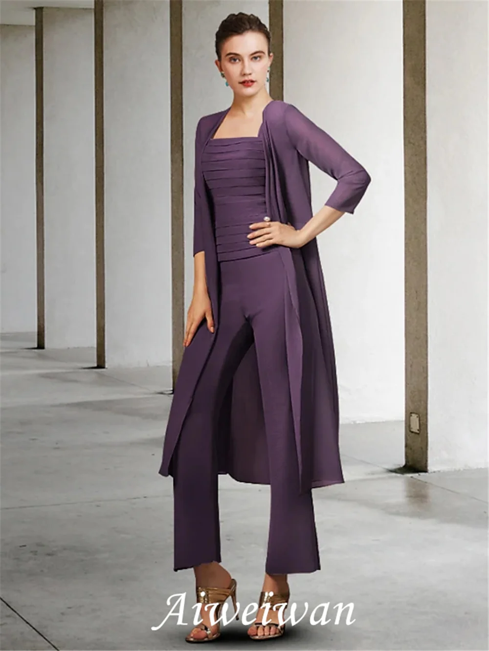 Two Piece Pantsuit Mother of the Bride Dress Elegant Jewel Neck Floor Length Chiffon 3/4 Sleeve with Ruching