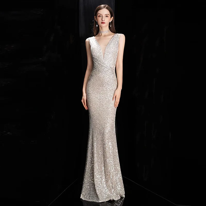 

Champagne Color Evening Gown Women's Exam Evening Dr Long Sexy Fi Tail Skirt Host Sparkling Sequins mid Waist Silk