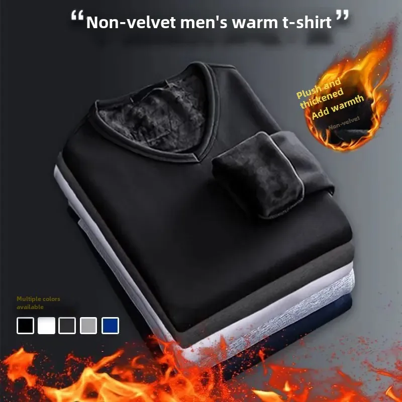 2024 Winter Fleece-Lined Thickened Warm Men's T-Shirt Youth Casual Wear Single Piece Base Layer Top Plus Size