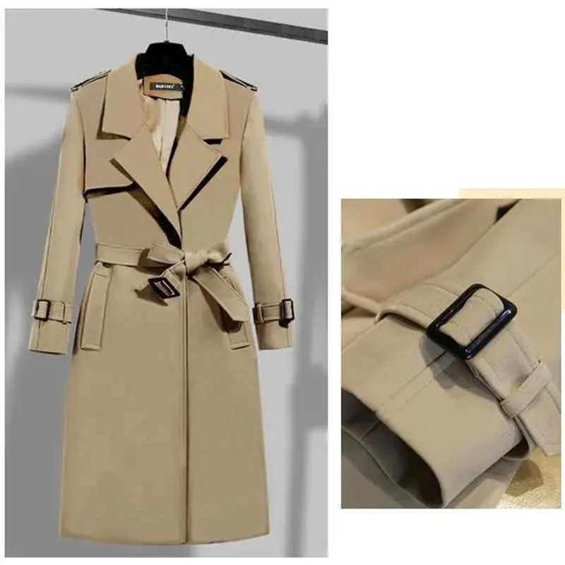 Office Lady Sashes Long Trench Coats Women Spring One Button Lined Solid Color Windbreaker Fashion Turndown Collar Work Overcoat