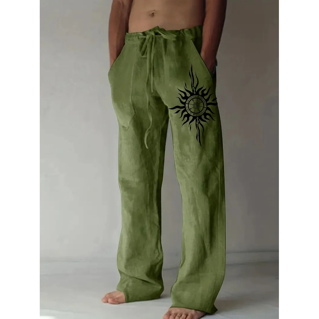Retro Compass Flame print men's new winter pants Fashion men's sweatpants Men's loose casual pocket pull rope sweatpants