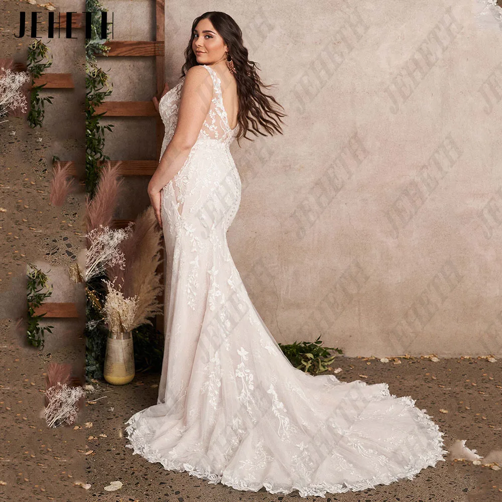 JEHETH Civil Wedding Dress For Bride Mermaid Sleeveless V-Neck Backless Bridal Gowns Exquisite Plus Size Applique Robe De Mariee