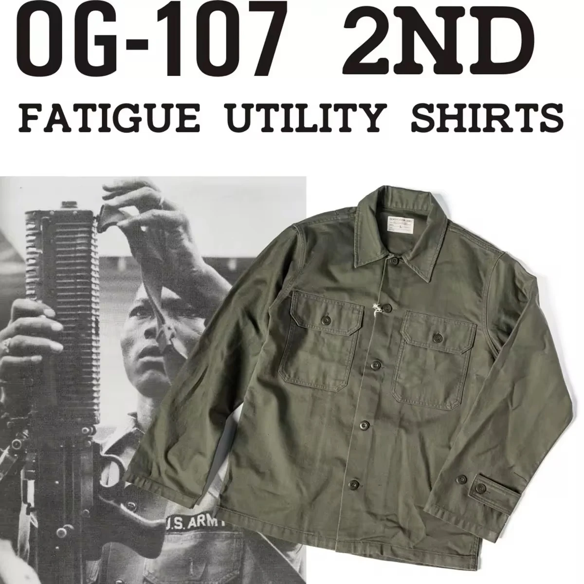 

Non Stock 1963 2nd Pattern OG-107 Sateen Fatigue Shirt Olive Green Vintage Work Shirt For Men