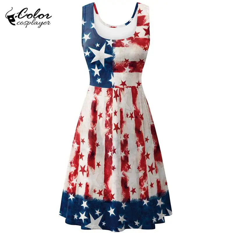 Color Cosplayer Independence Day Sundress for Women Crewneck Dress Holiday Party Robe Adult Clothing Carnival Halloween Costume